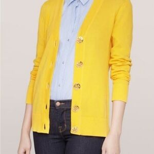 Tory Burch Yellow Cardigan Sweater V-Neck Fine Knit